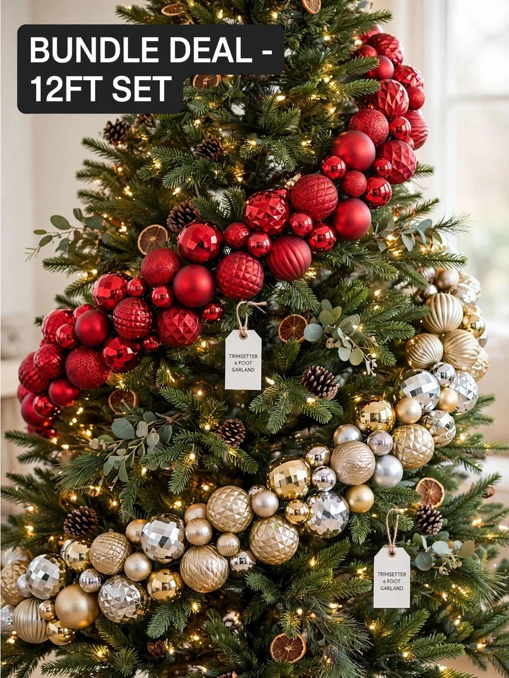 NWT -TRIMSETTER Set of 2 Ornament Garlands 6ft Each Red Gold Silver Christmas